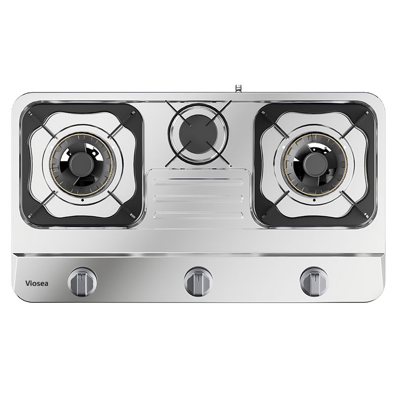 Серебристо-чёрная настольная газовая плита с тремя конфорками и пульсирующим пламенем, нержавеющая сталь